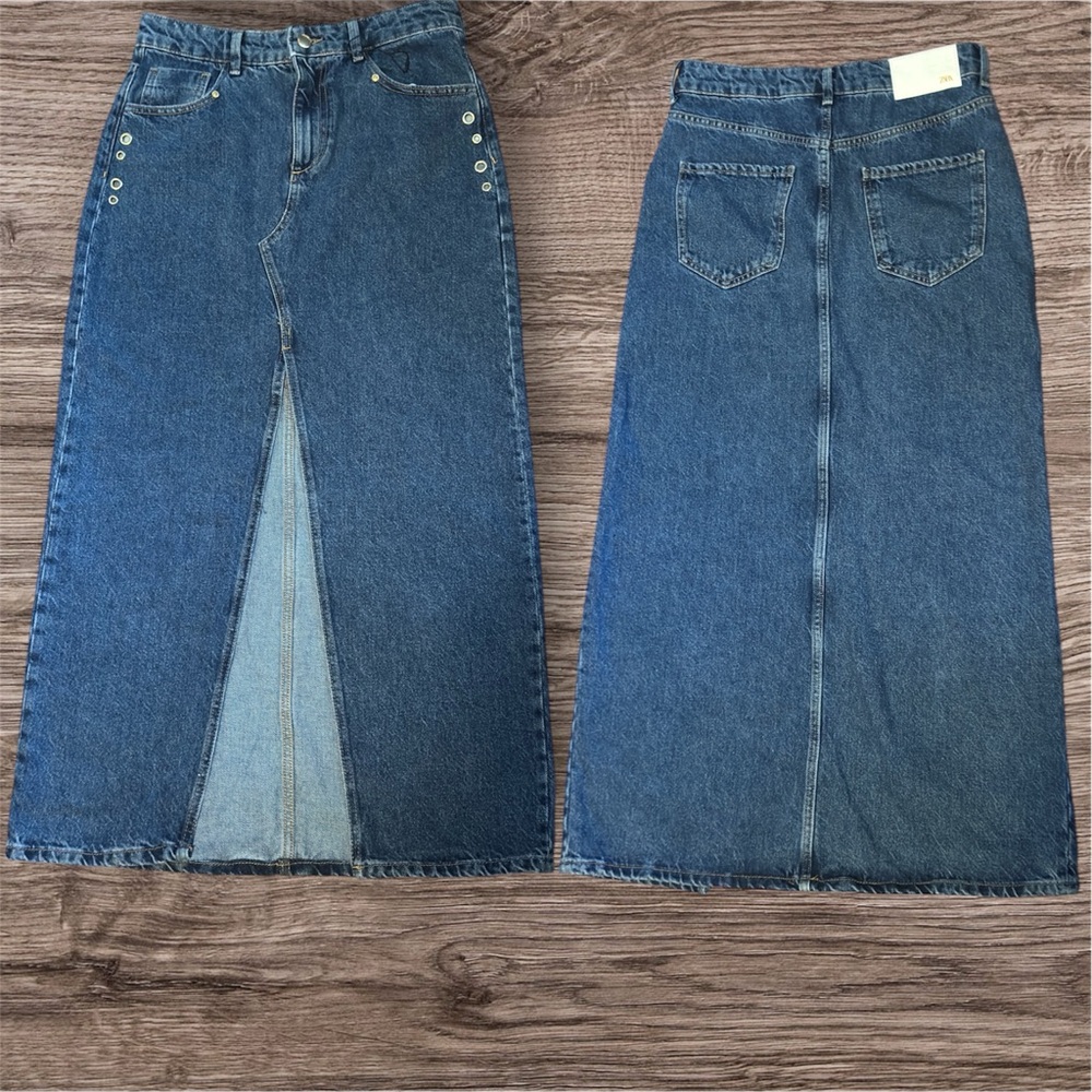 Zara Blue Denim Maxi Skirt with Button Accents